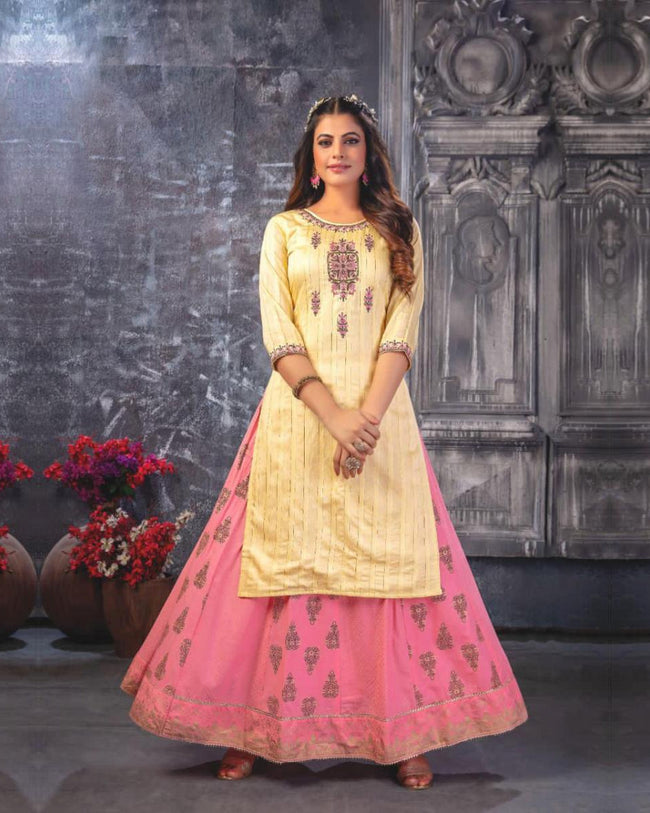 BUY ONLINE PARTY WEAR PINK LONG GOWN TYPE KURTI WITH FOIL PRINT AND MIRROR  HAND WORK FROM FASHION BAZAR