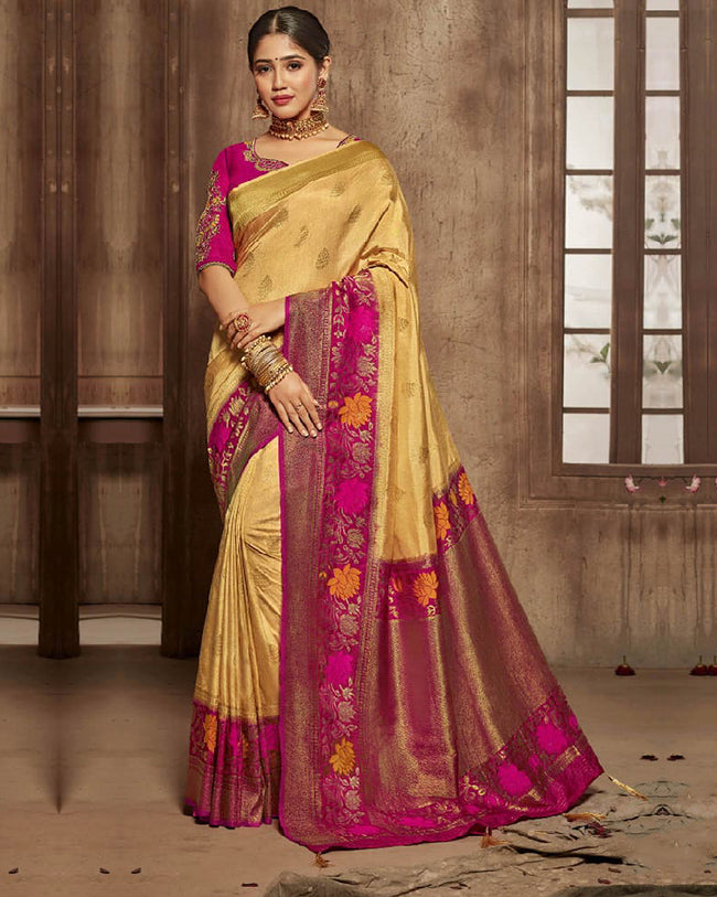 Beige Color Festive Wear Pure Dola Jacquard Silk Designer Saree