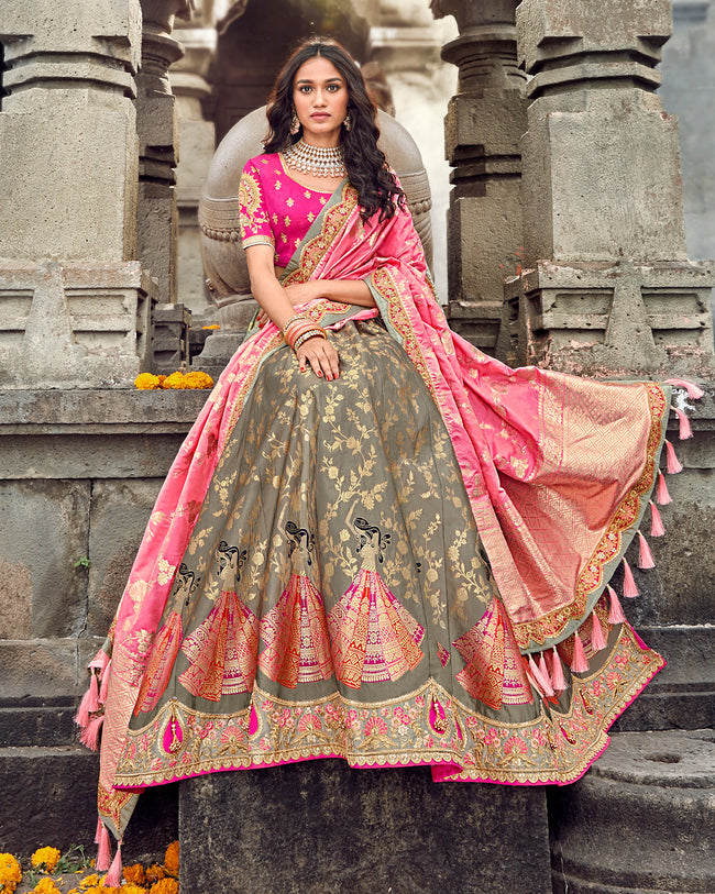 Pink-Gray Color Wedding Wear Banarasi Silk Jacquard Woven Lehenga Choli