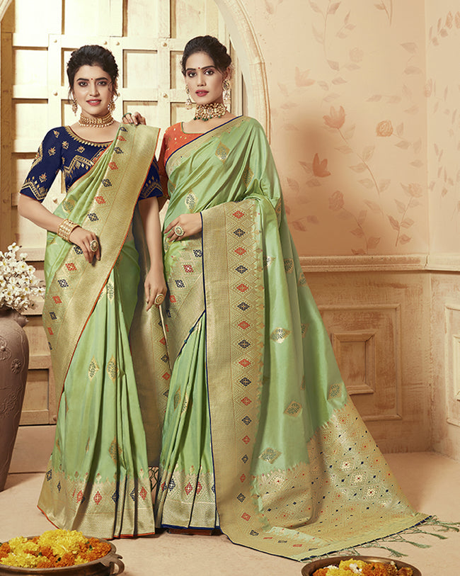 Green Color Party Wear Heavy Banarasi Silk Saree With Double Blouse