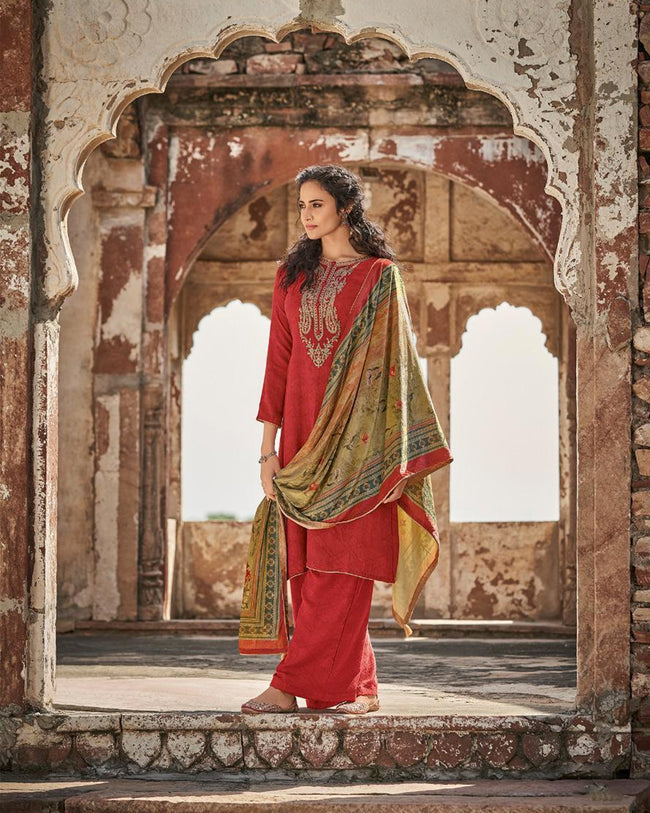 Red Color Printed Pashmina Unstitched Winter Pakistani Suit