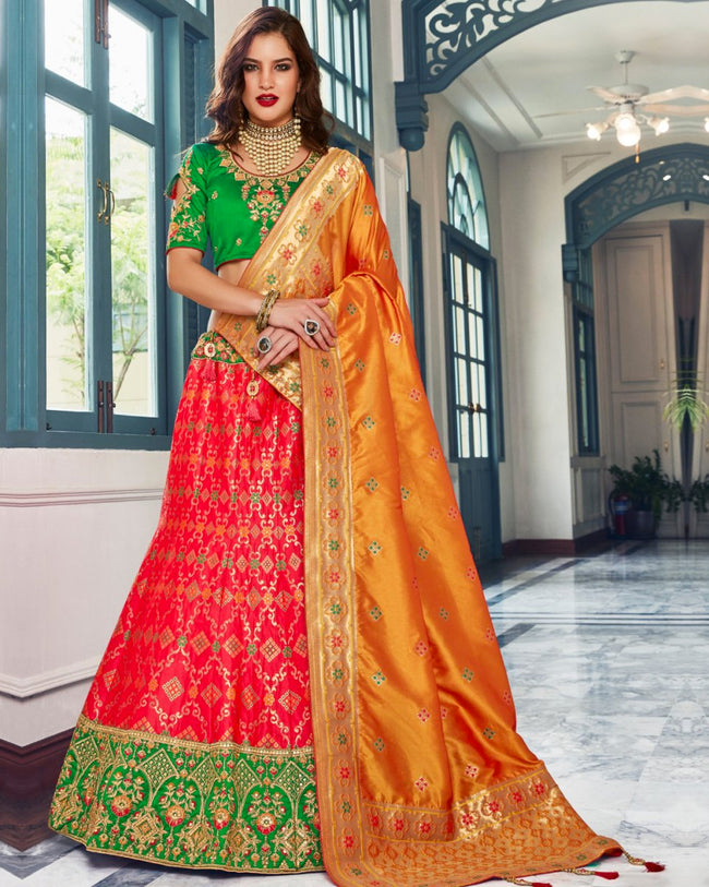 Red-Green Color Wedding Wear Silk Jari Thread Work Lehenga