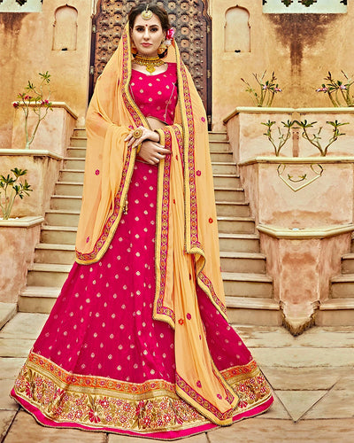 Pink Color Bridal Wear Silk Jacquard Lehenga & Blouse with Dupatta