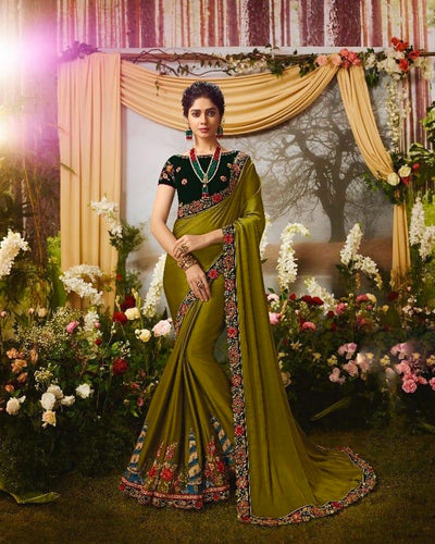 Green and Black Color Fancy Embroidery Work Party Wear Heavy Saree