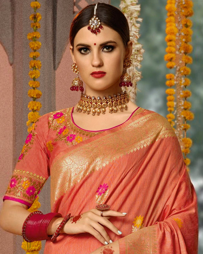 Pink and Peach Color Two Tone Festive Wear Banarasi Silk Saree