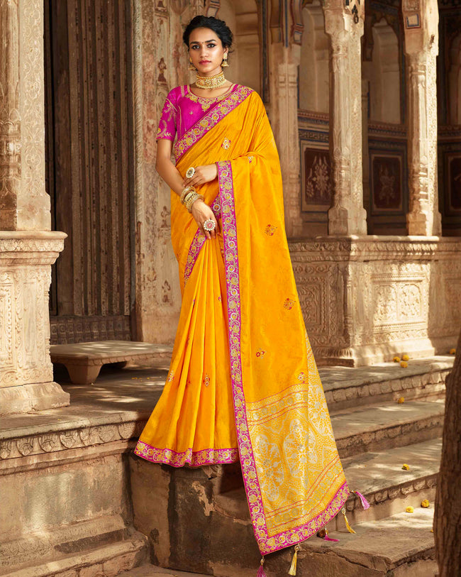Mustard Yellow Color Banarasi Silk Designer Saree with Woven Pallu and Embroidered Border