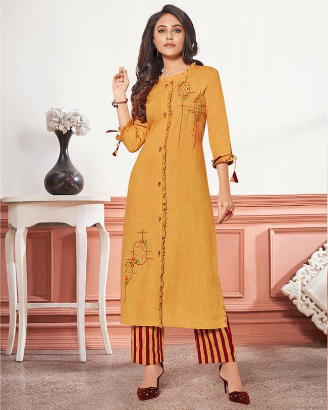 Mustard Yellow Color Cotton Stylish Pant Suits