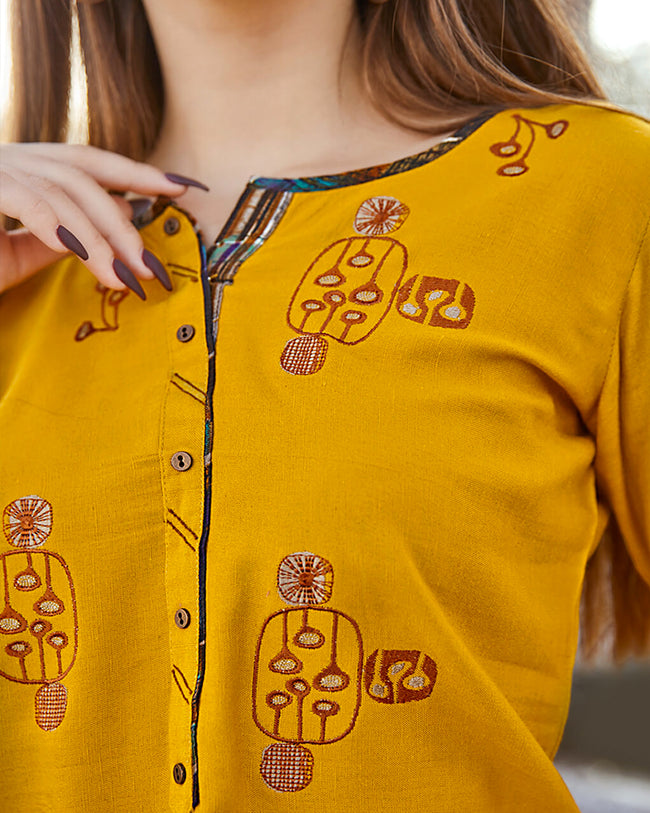 Mustard Yellow Color Casual Wear Rayon Embroidered Work Short Kurtis
