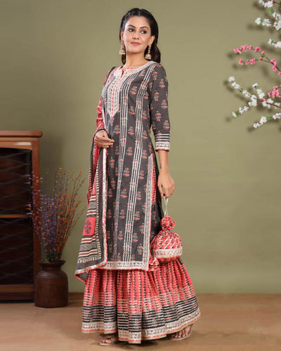 Dark Gray and Pink Color Jaipuri Cotton Gota Patti Work Printed Sharara Suit with Potli