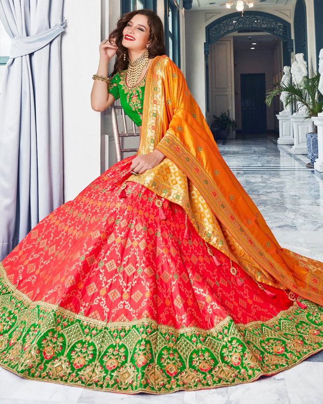 Red-Green Color Wedding Wear Silk Jari Thread Work Lehenga