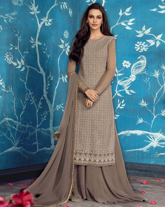 Grey Colored Partywear Embroidered Georgette Palazzo Suit with Dupatta