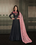 Black Colored Partywear Embroidered Georgette Satin Anarkali Suit With Net Dupatta
