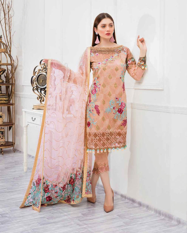 orange and pink pakistani dress Maria B brand Pakistani Apparel