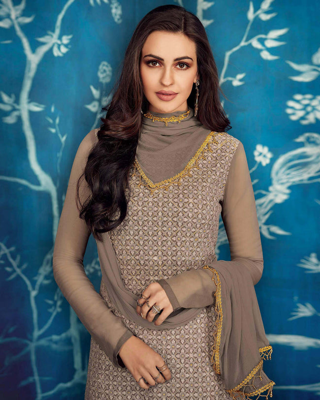 Grey Colored Partywear Embroidered Georgette Palazzo Suit with Dupatta