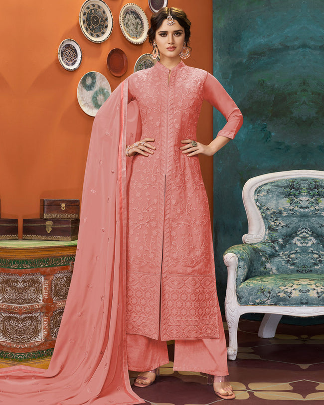 Pink Colored Georgette Embroidered Palazzo Suits