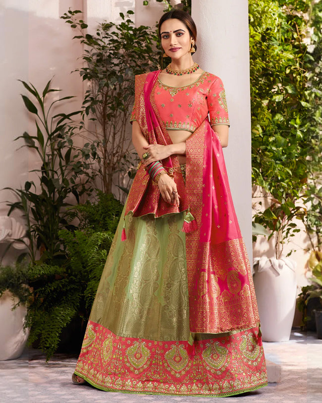 Peach-Green Color Festive Wear Silk Jacquard Embroidery Lehenga Choli
