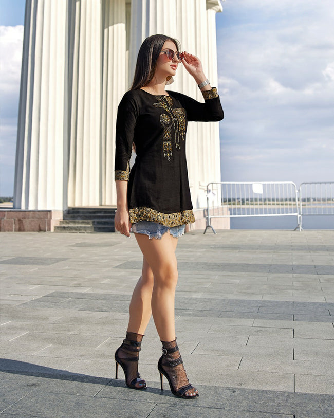Black Color Casual Wear Rayon Embroidered Work Short Kurtis