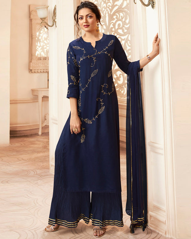 Navy Pure Colored Casual Wear Pure Viscose Palazzo Suit with Dupatta