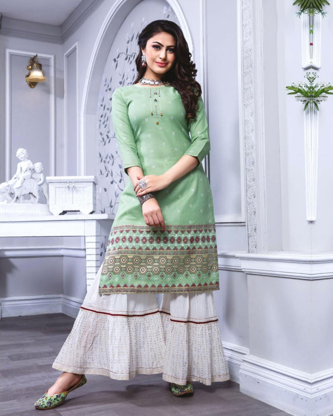 Olive Green Color Party Wear Fancy Cotton Sharara Suit