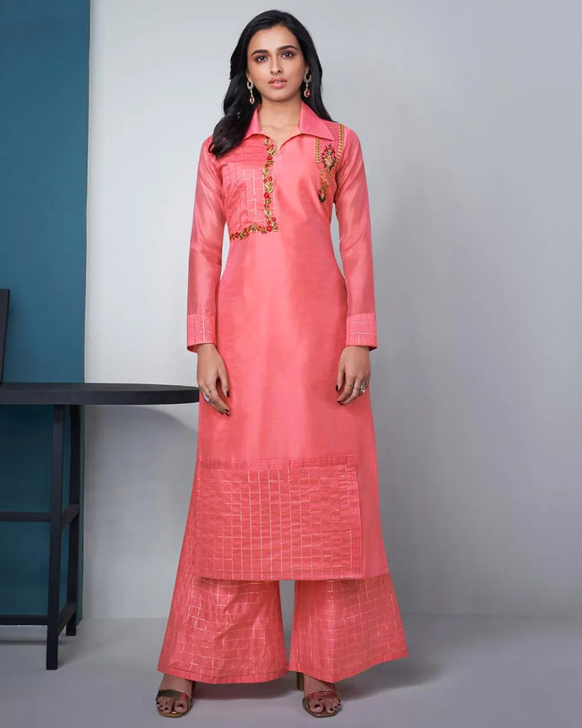 Pink Color Festive Wear Silk Palazzo Style Suits
