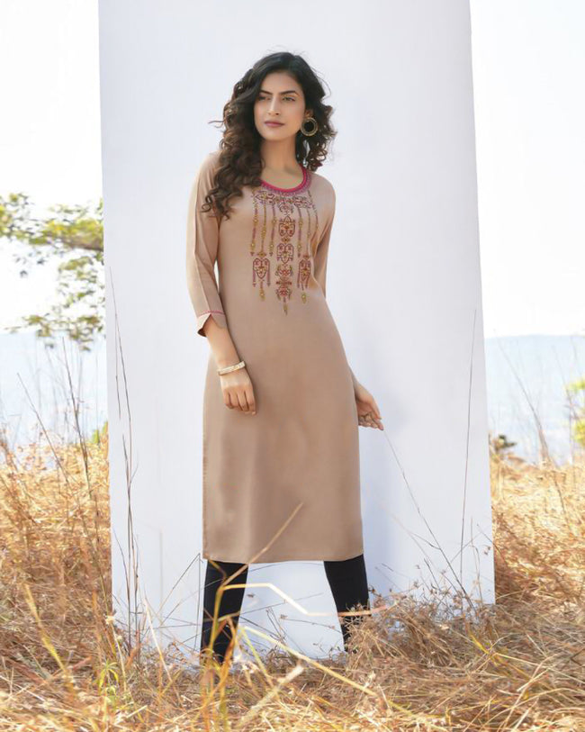 Beige Colored Casual Wear Rayon Embroidered Work Kurtis