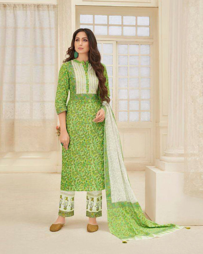 Parrot Green Color Cotton Printed Palazzo Suit With Dupatta