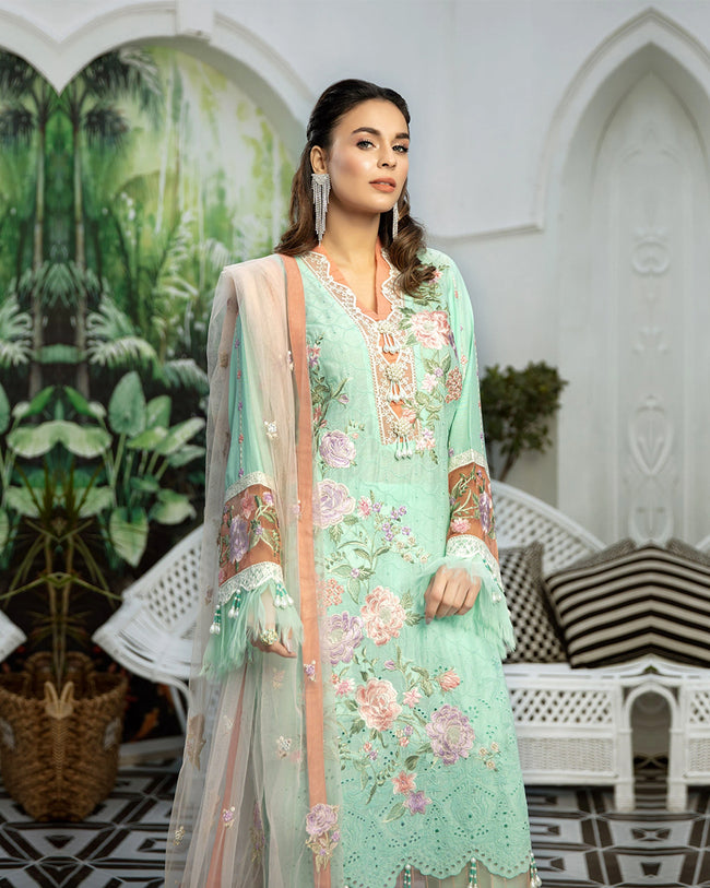 Sea Green Color Schiffli Embroidery Designer Pakistani Palazzo Suit Dress Material