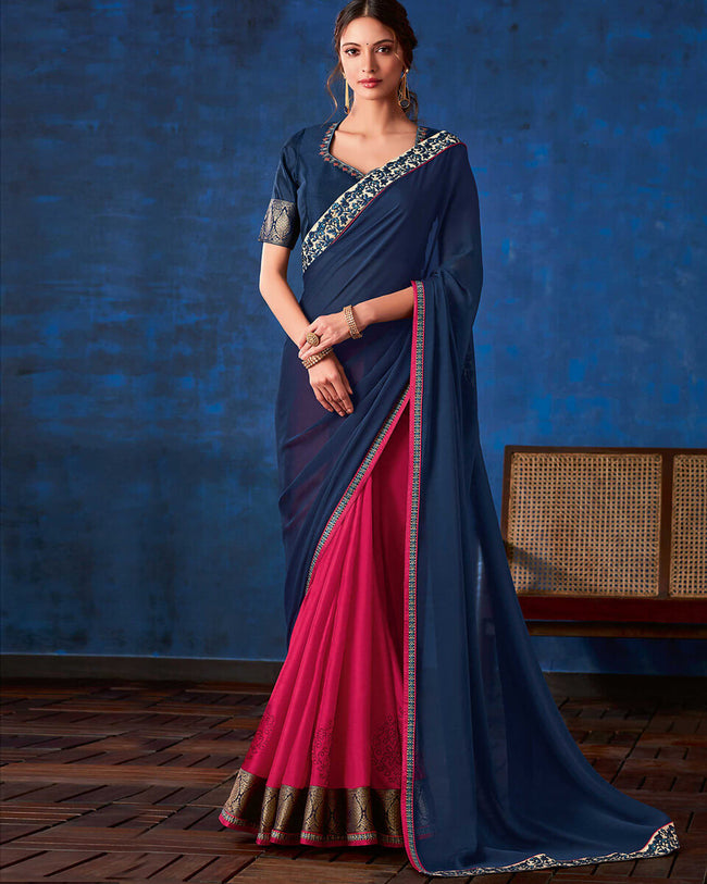 Navy Blue-Pink Color Fancy  Georgette With Lace Border Saree