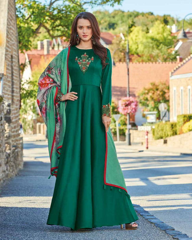 Teal Green Colored Partywear Embroidered Art Silk Gown With Muslin Silk Dupatta