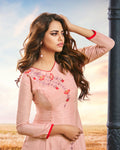 Peach Colored Partywear Embroidered Cotton Silk Fancy Kurti