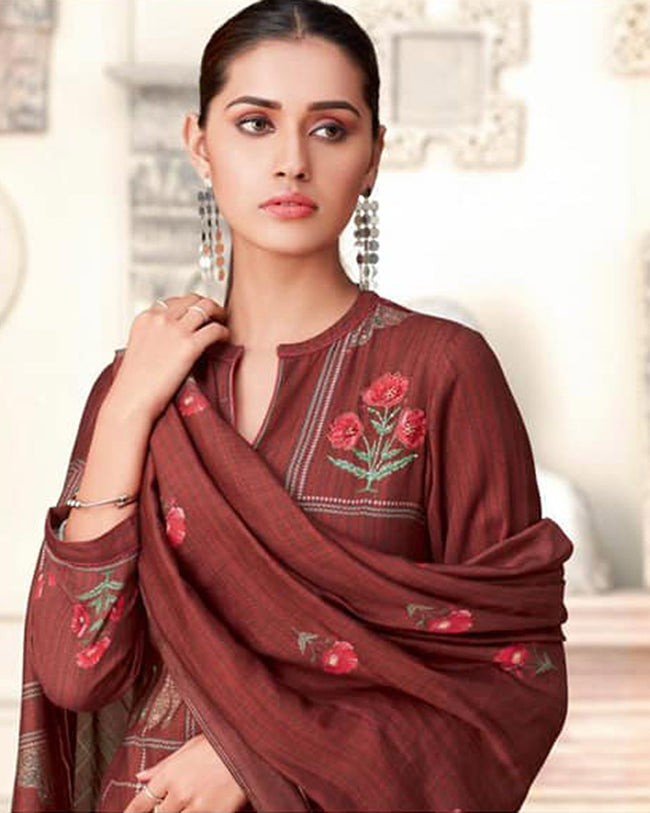 Maroon Color Winter Wear Printed Pashmina Unstitched Pakistani Salwar Kameez Suit