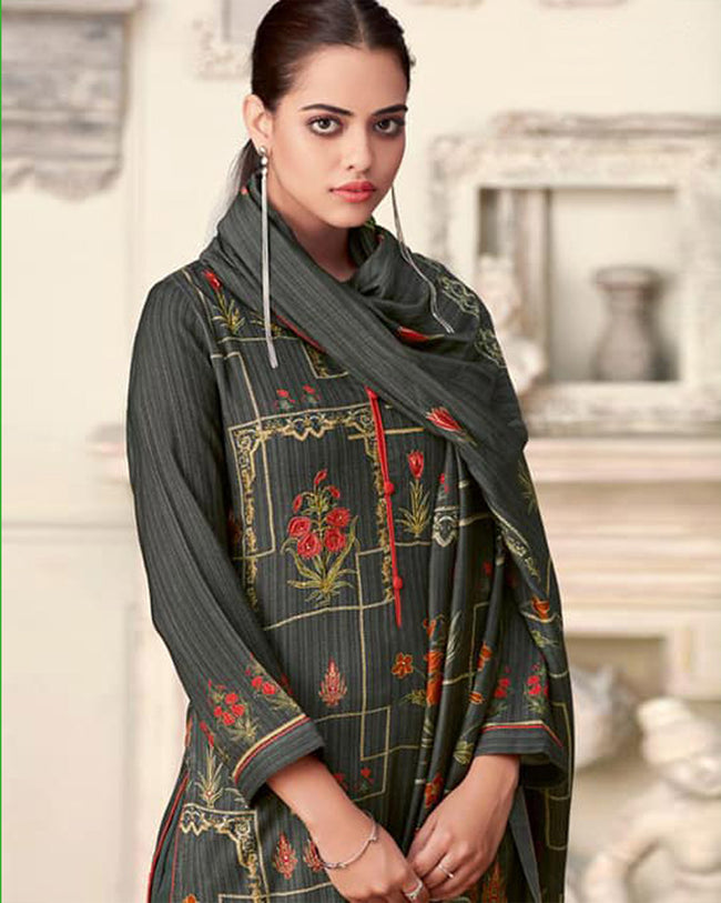Gray Color Winter Wear Printed Pashmina Unstitched Pakistani Salwar Kameez Suit