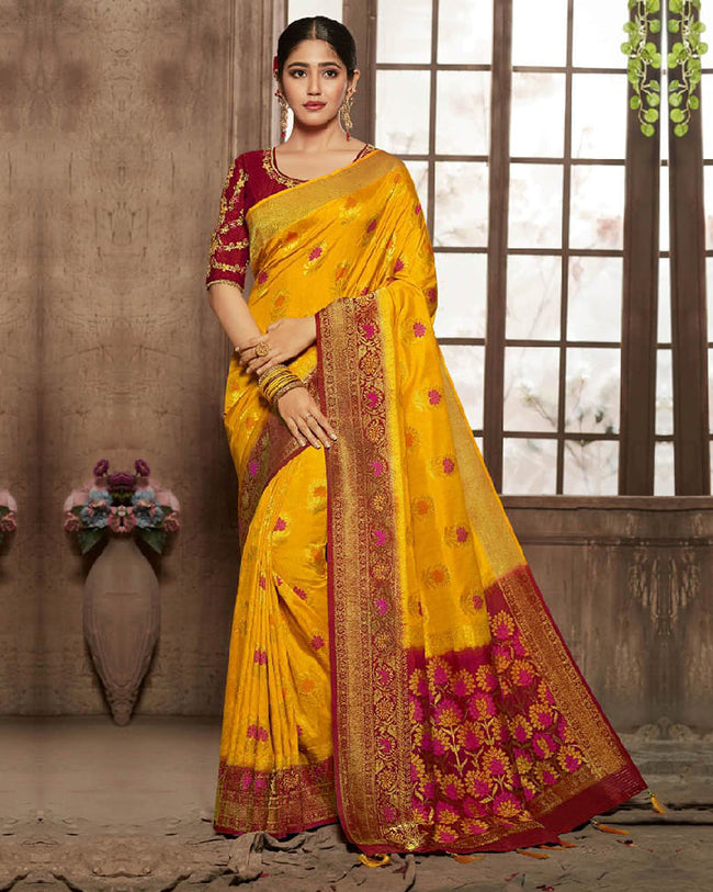 Maroon and Yellow Color Festive Wear Pure Dola Jacquard Silk Designer Saree