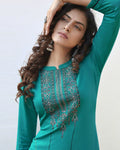 Teal Blue Colored Casual Wear Rayon Embroidered Work Kurtis