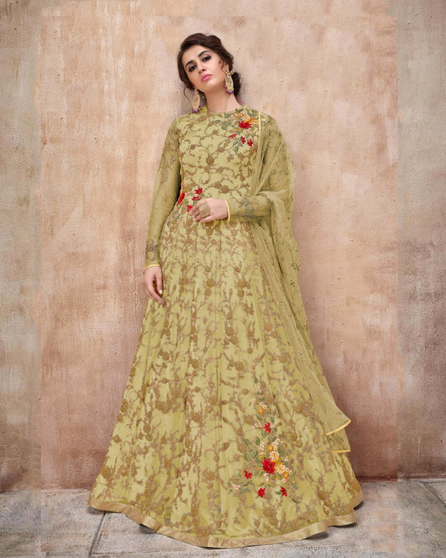 Designer Mustard Yellow Muslin Anarkali Gown With Dupatta - Ethnic Race