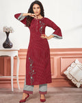 Maroon-Gray Color Lining Printed Cotton Stylish Pant Suits