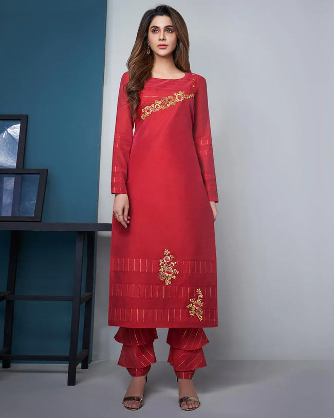 Red Color Party Wear Silk Straight Pant Style Suits
