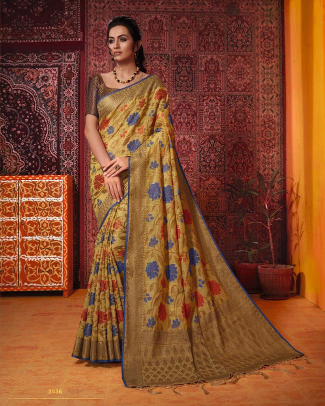 Yellow Color Festive Wear Banarasi Cotton Silk Saree
