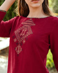 Maroon Color Casual Wear Rayon Embroidered Work Short Kurtis