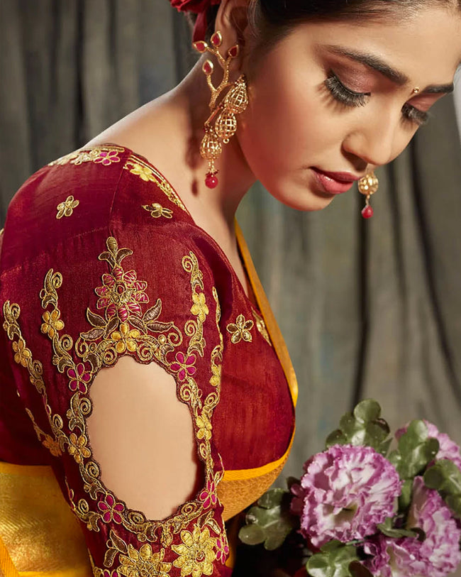 Maroon and Yellow Color Festive Wear Pure Dola Jacquard Silk Designer Saree