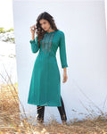 Teal Blue Colored Casual Wear Rayon Embroidered Work Kurtis