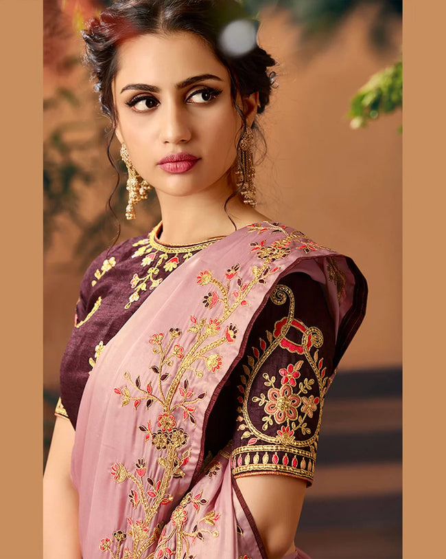 Purple Color Wedding Wear Pure Dola Silk Jari Embroidery Work Saree