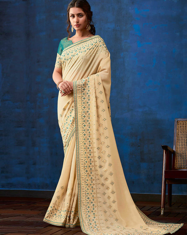 Off White- Green Color Fancy  Georgette With Lace Border Saree