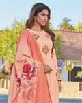 Peach Colored Partywear Embroidered Art Silk Gown With Muslin Silk Dupatta