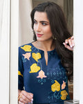 Navy Blue Colored Floral Embroidered Silk Gown
