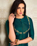 Teal Green Colored Partywear Embroidered Pure Silk Palazzo Suit
