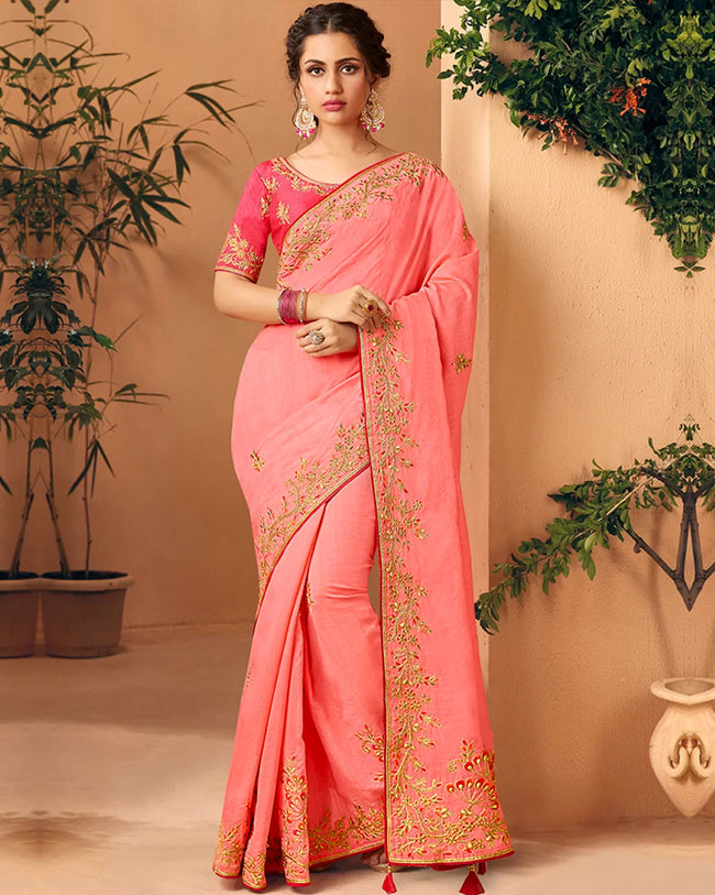 Pink Color Bridal Wear Pure Dola Silk Embroidery Work Saree