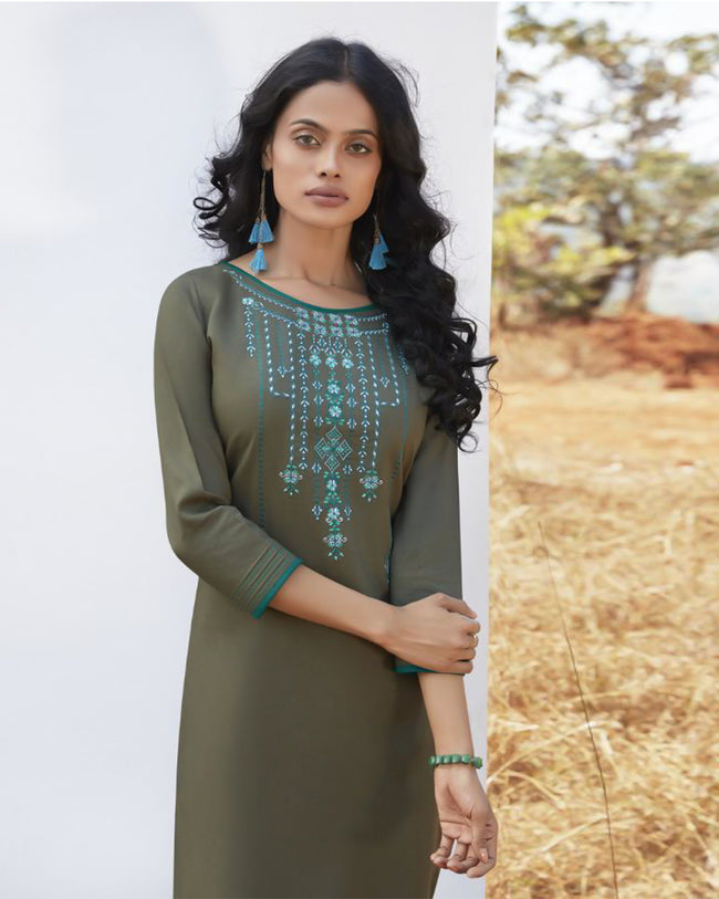 Olive Green Colored Casual Wear Rayon Embroidered Work Kurtis