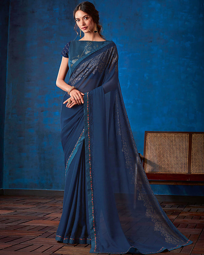 Navy Blue Color Fancy  Georgette With Lace Border Saree