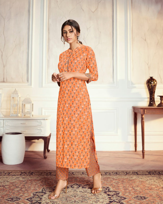 Light Orange Color Casual Wear Printed Palazzo Style Suits
